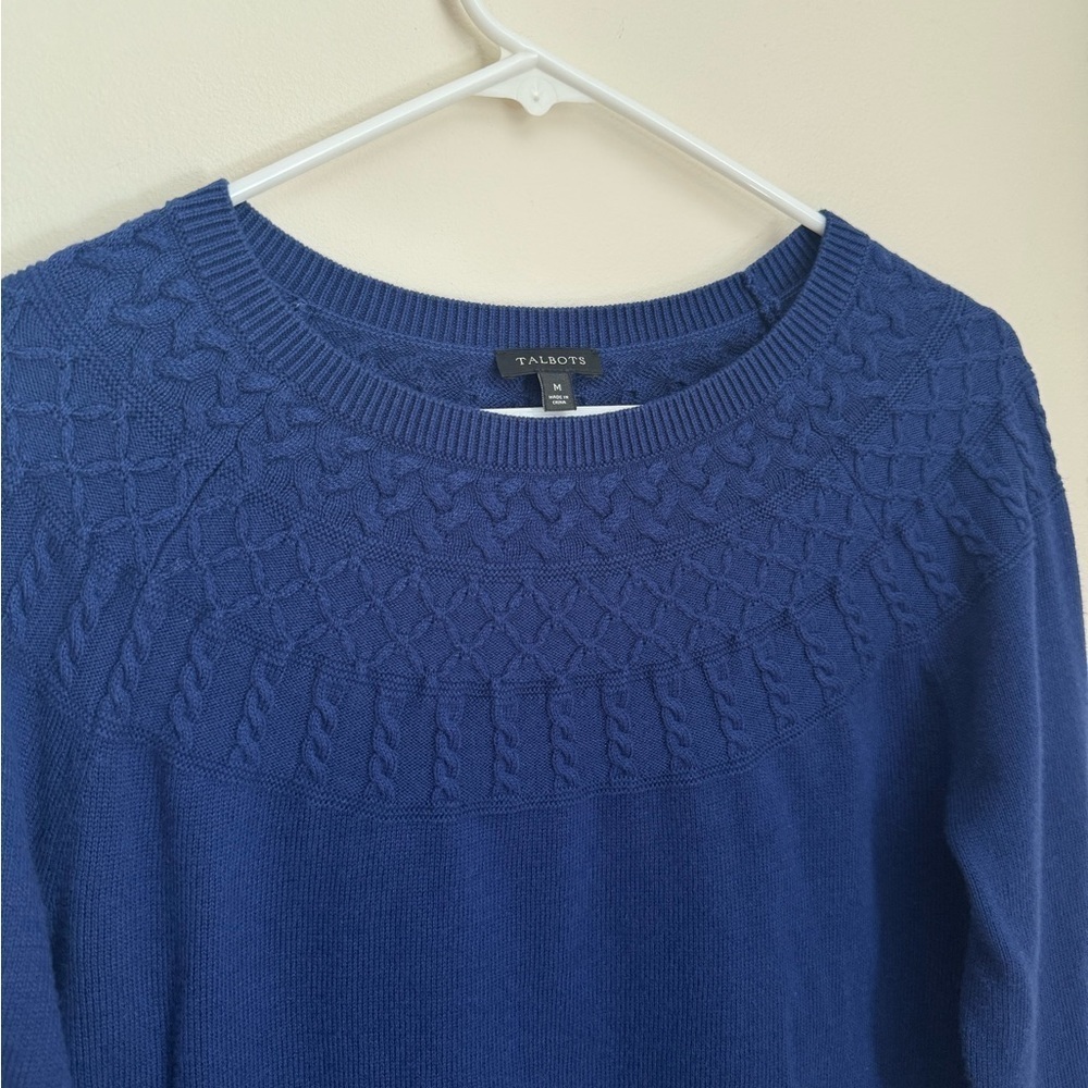 Talbots Cable Yoke Cotton Cashmere Blend Sweater Navy Size Medium Pullover - Picture 3 of 5